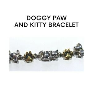 Vintage Premier Designs 8 inch Cat & Doggie Silver/Gold Tone Metal Bracelet